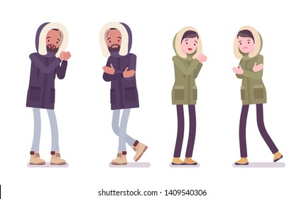 Parka man and woman shivering feeling cold. Young guy and girl wearing warm windproof jacket with hood, cold weather city outfit. Vector flat style cartoon illustration isolated on white background