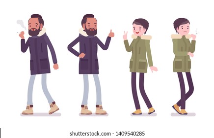 Parka man and woman smoking. Young guy and girl wearing warm windproof jacket with hood, cold weather city outfit. Vector flat style cartoon illustration isolated on white background