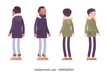 Parka man and woman standing. Young guy, girl wearing warm windproof jacket with hood, cold weather city outfit. Vector flat style cartoon illustration isolated on white background, front, rear, view