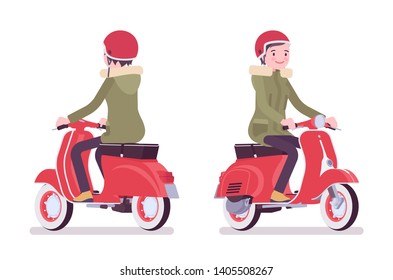 Parka woman on red scooter. Young lady wearing green windproof fall jacket with hood, cold weather city female outfit. Vector flat style cartoon illustration isolated on white background, front, rear