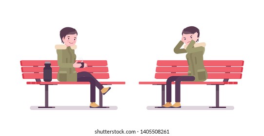 Parka woman sitting on a park bench. Young lady wearing green windproof fall jacket with a hood, cold weather city female outfit. Vector flat style cartoon illustration isolated on white background