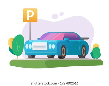 Parked car or automobile parking lot and vehicle free park area lawn grass place with road sign vector illustration flat cartoon