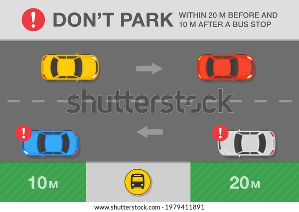Parked cars.\
Australian traffic or road rule. Do not park your car within twenty\
meters before and ten meters after a bus stop warning design. Flat\
vector illustration\
template.