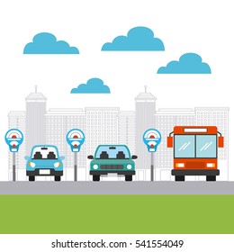 parked cars and bus vehicles in city parking zone. colorful design. vector illustration