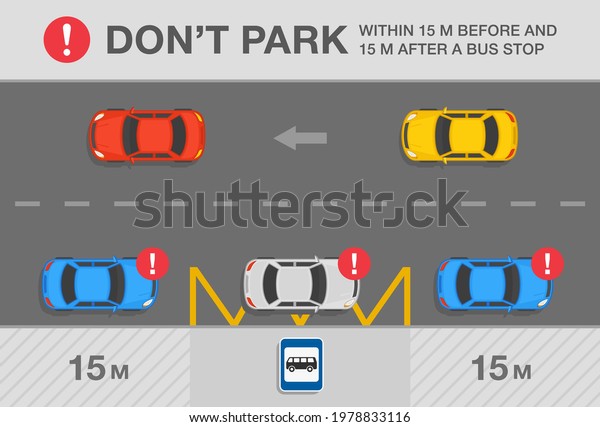 Parked cars. Traffic\
or road rule. Do not park your car within fifteen meters before and\
fifteen meters after a bus stop warning design. Flat vector\
illustration template.