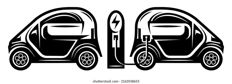 Parked two electric cars at the charging station. Vector monochrome illustration. Element, template for design.