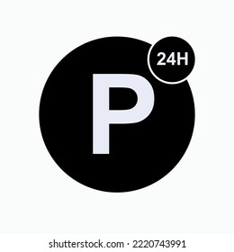 Parking 24H Icon. All Day Vehicle Stay Facility Symbol. Public Space for Automobile. Car Accommodation.