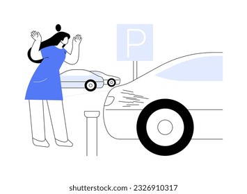 Parking accident abstract concept vector illustration. Woman scratching a car while parking, personal transport injury, vehicle breakdown, road accident, automobile insurance abstract metaphor.