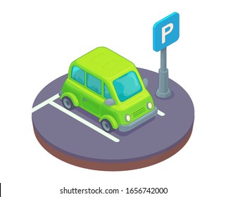 Parking lot area with car and road sign. Concept isoometric cartoon vector illustration.