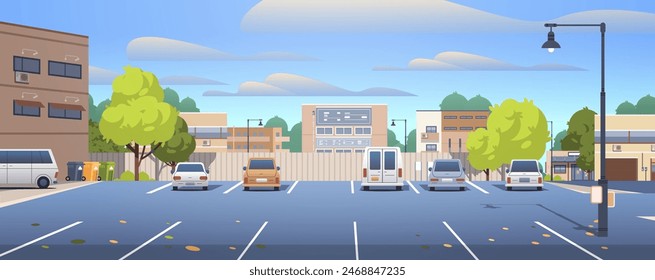 Zona de aparcamiento con coches en la ciudad Pequeña. Ilustración vectorial plana Urbana