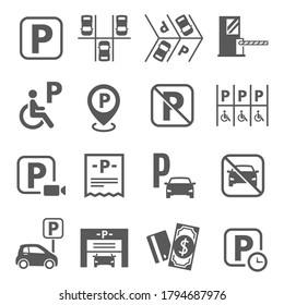 Parkplatz, fein, gebührenpflichtig, verbotene Zeichenlinie und fette Symbole einzeln auf Weiß. Auto-Barriere, Garage, Rollstuhl-Piktogramme-Sammlung. Parkplatz, Zahlungs-Vektorelemente für Infografik, Web.