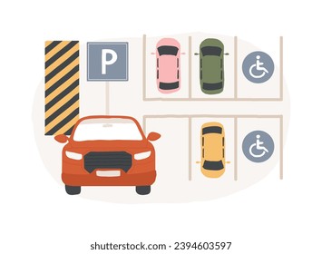 Parking area isolated concept vector illustration. Parking space, empty place, lot of cars, angle perpendicular parallel, road sign marking, underground garage, disabled zone vector concept.