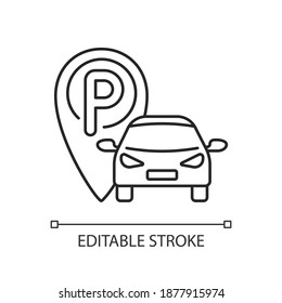 Lineares Symbol des Parkbereichs. Lage, die zum Parken bestimmt ist. Stellen Sie Ihr Auto in Sicherheit. Dünne, anpassbare Illustration. Contour-Symbol. Vektor-einzelne Rahmenzeichnung. Bearbeitbarer Hub