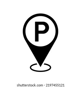 parking area location map pointer, p letter icon with location pin, black symbol isolated on white background, vector marker, parking zone sign