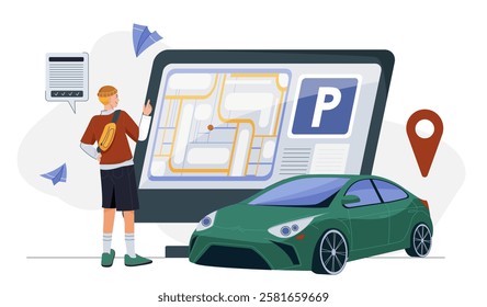 Parking area map online. Man near car studies layout of building underground parking. Infrastructure for drivers. Parking lots for automobiles. Flat vector illustration