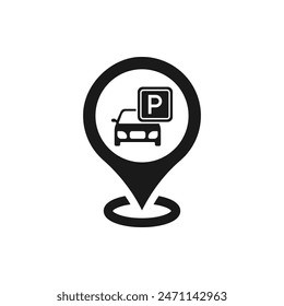 Zona de aparcamiento. Mapas pin y coche icono estilo plano aislado sobre fondo blanco. Ilustración vectorial