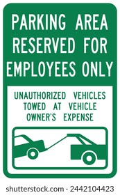 Parking area reserved for employees only, unauthorized vehicles towed at vehicle owhers expense