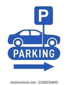 Parkplatzschild - Sehhilfe mit Straßenschild, Autosilhouette und Pfeil