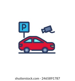 Parking area with surveillance line icon. Vehicle, video camera, slot isolated outline sign. Car driving, CCTV monitoring concept. Vector illustration, symbol element for web design and apps