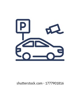 Parking area with surveillance thin line icon. Vehicle, video camera, slot isolated outline sign. Car driving, CCTV monitoring concept. Vector illustration symbol element for web design and apps