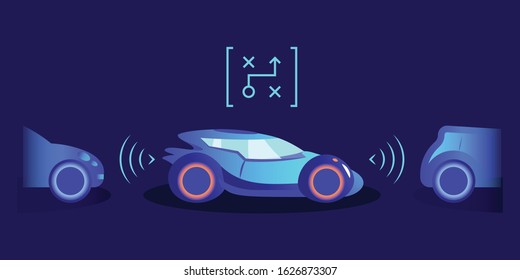 Parking assistance flat color vector illustration. Smart automobile with innovative helping system on blue background. Futuristic autonomous transport equipped with sensors for safe parking