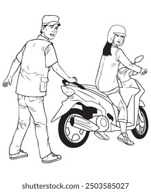 A parking lot attendant helps a motorcyclist. Illustration in black and white and vector format.