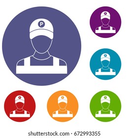 Parking attendant icons set in flat circle reb, blue and green color for web
