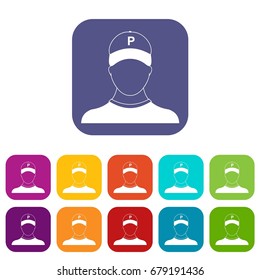 Parking attendant icons set vector illustration in flat style In colors red, blue, green and other