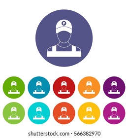 Parking attendant set icons in different colors isolated on white background