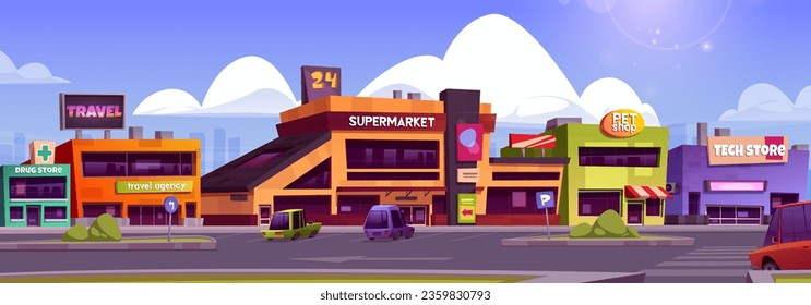 Parking with autos outside supermarket. Vector cartoon illustration of large shopping mall building, drugstore, travel agency, tech store, pet shop, cafe entrances, parked autos, blue sky with clouds