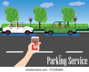 Parking Is Available Along The Road With A Backdrop Of Gardens And Trees. A Human Hand Holding A Smart Phone App To Enhance The Value Of Paying For The Service. Wide Design