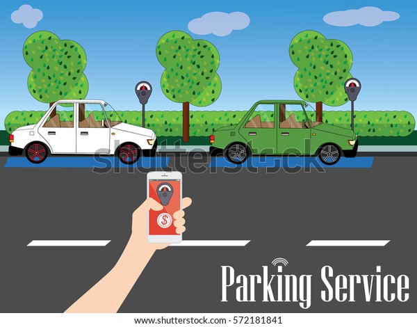 Parking is available along\
the road with a backdrop of gardens and trees. A human hand holding\
a smart phone app to enhance the value of paying for the service.\
wide design