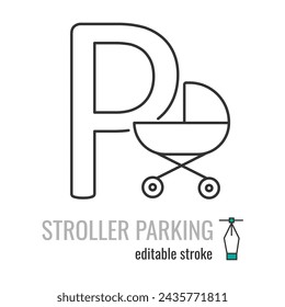 Parking for baby stroller line icon.Pram parking symbol. Place for strollers outline vector icon.Linear style sign for mobile concept and web design. Symbol, logo illustration EPS 10. Editable stroke