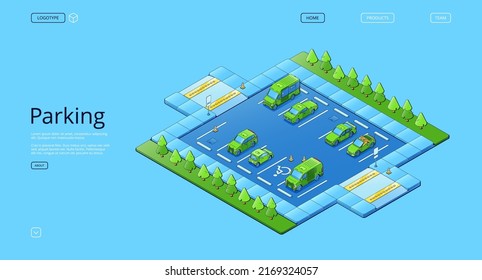 Parking banner with isometric illustration of cars, trees and road signs, with space for disabled person. Vector landing page template of auto parking place with entrance and exit