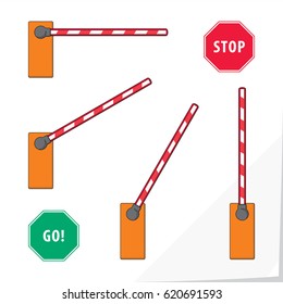 Parking Barrier Automatic Device with Bar Angles Changing From Closed to Open Four Illustrations Set - Black Orange and Red on White Paper Background - Vector Colored Technical Sketch Graphic Design
