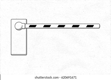 Parking Barrier with Closed Bar Automatic Device Isolated Illustration - Black Elements on White Rough Paper Background - Vector Technical Sketch Graphic Design