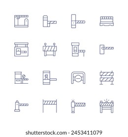 Symbol für Parksperre gesetzt. Dünne Linie Symbol. Bearbeitbarer Strich. Enthält Sicherheit, Maut, Straßensperre, Parkplatz, Parksperre, Sperre, Maut, Grenze, Einfahrt, Straßensperre.