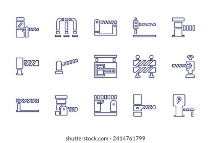 Parking barrier line icon set. Editable stroke. Vector illustration. Containing parking barrier, toll road, fence, barrier, parking, car parking, lock, toll, road barrier.