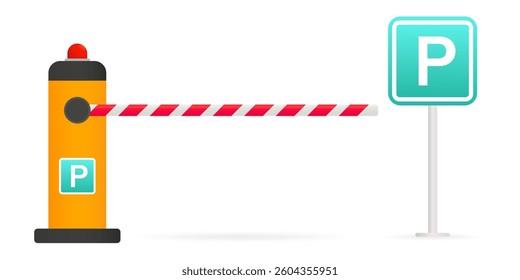 Parking barrier set icon. Gate with striped arm and sign indicates car access control, payment zone, and secure parking entrance.