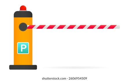 Parking barrier set icon. Gate with striped arm and sign indicates car access control, payment zone, and secure parking entrance.