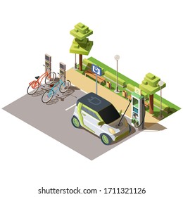 Parking for bicycles and electro car vector illustration. Isometric electric green vehicles charging station and bike rental place. Ecological transport concept.