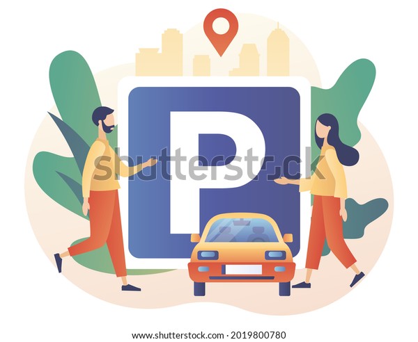 Parking - big road sign. Tiny people looking\
for parking space, park automobile. Public car-park in big city.\
Urban transport. Modern flat cartoon style. Vector illustration on\
white background