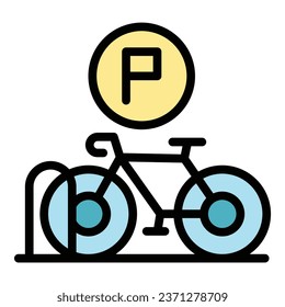 Vector de contorno de icono de la bicicleta de estacionamiento. Alquiler de la ciudad. Color de transporte inteligente plano