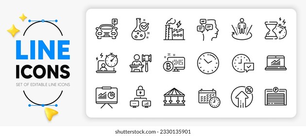 Parking, Bitcoin system and Carousels line icons set for app include Electricity factory, Presentation, Auction outline thin icon. Select alarm, Loan percent, Parking garage pictogram icon. Vector