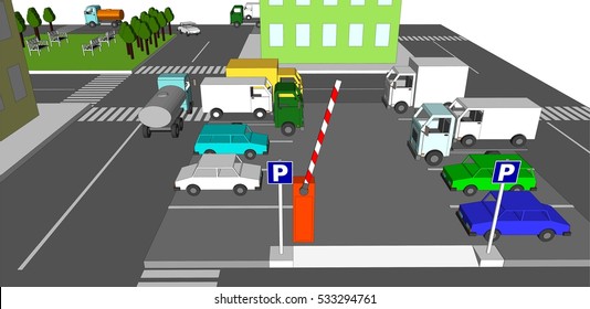 Parking Car  lot 3d with open  barrier side view.  Transport set  icon.  Isometric part of town with parking, trees, cars and roads.  Vector illustration 