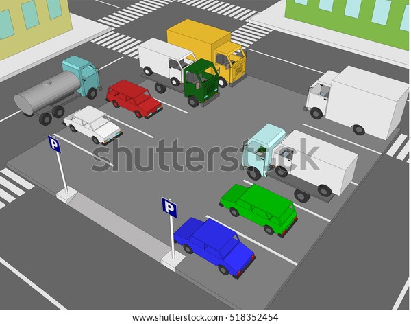 Parking Car  lot 3d.  Transport set  icon.\
City view from above.  Isometric part of town with parking, trees,\
cars and roads.  Vector\
illustration.