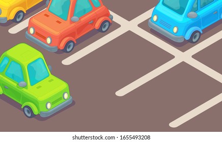 Parking lot with car in parking area. Isometric cartoon vector illustration.