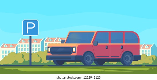 Parking lot with car in city. Sign for parking area. Flat vector.