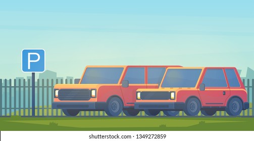 Parking lot with car in city. Sign for parking area.