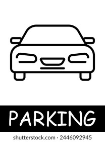 Parking, car icon. Vehicle management, convenient transport solutions, silhouette, automobile, mechanism, equipment, vehicle, parking place. The concept of providing car park services.